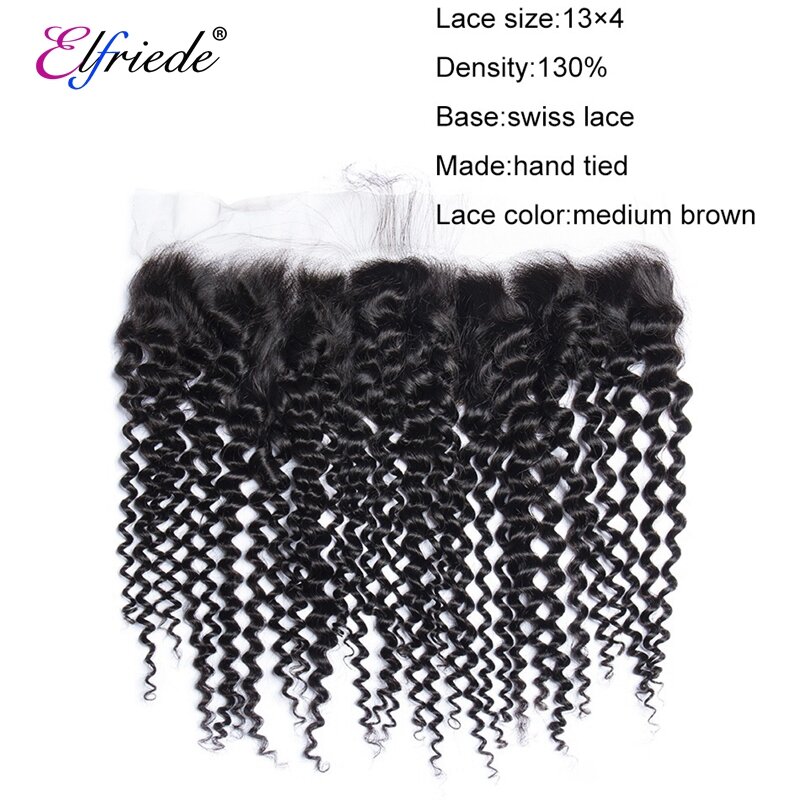 Elfriede Natural Black Kinky Curly Bundles with Frontal 100% Remy Human Hair Weaves 3 Bundles with 13x4 Transparent Lace Frontal