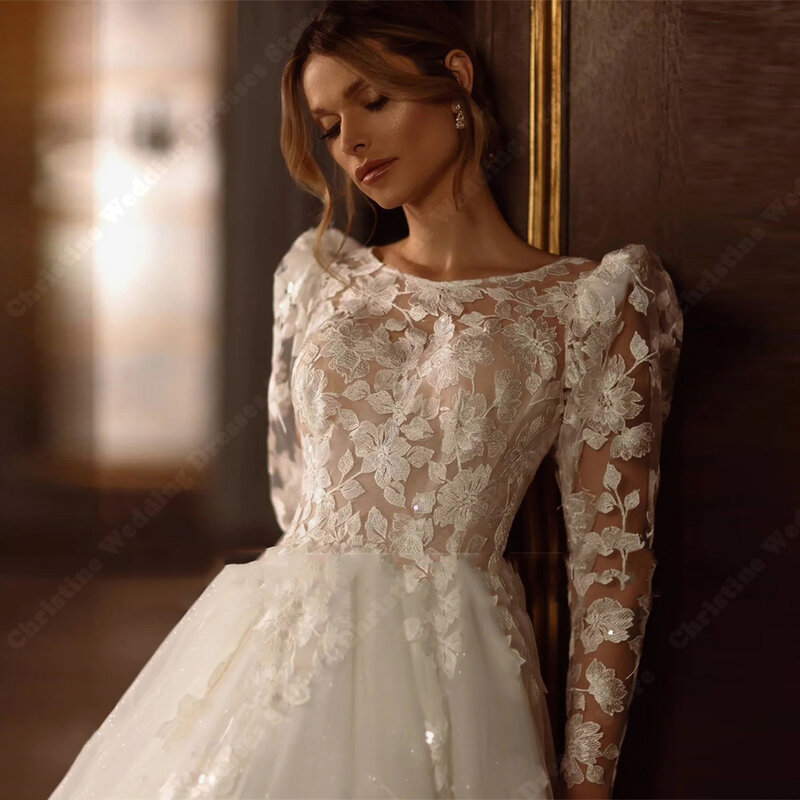 Elegant Bright A-Line Women Wedding  Custom Made Lace Sleeves Bridal Gowns Mopping Length Princess Bohemian Vestidos De Novias