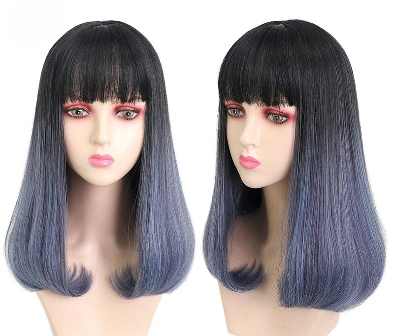 Medium Length Ombre Mixed Blue Straight Curled Fiber Dyed Inner Button Cosplay Hair Wig Heat Resistant