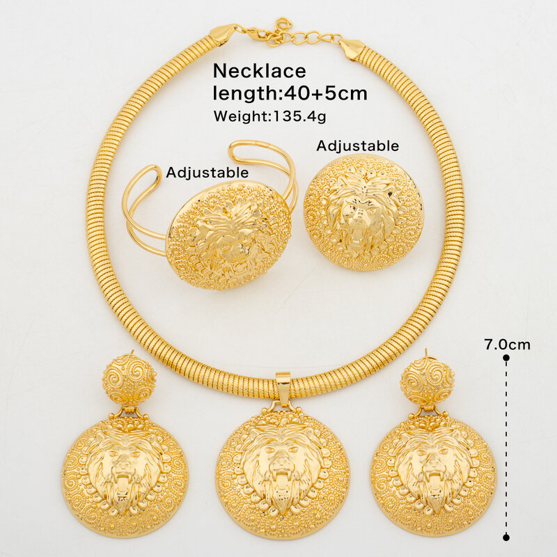 African Gold Color Jewlery Set for Women Pendant Necklace and Earrings Bangle Ring Set with Gifts Box Weddings Bride Jewelry Set