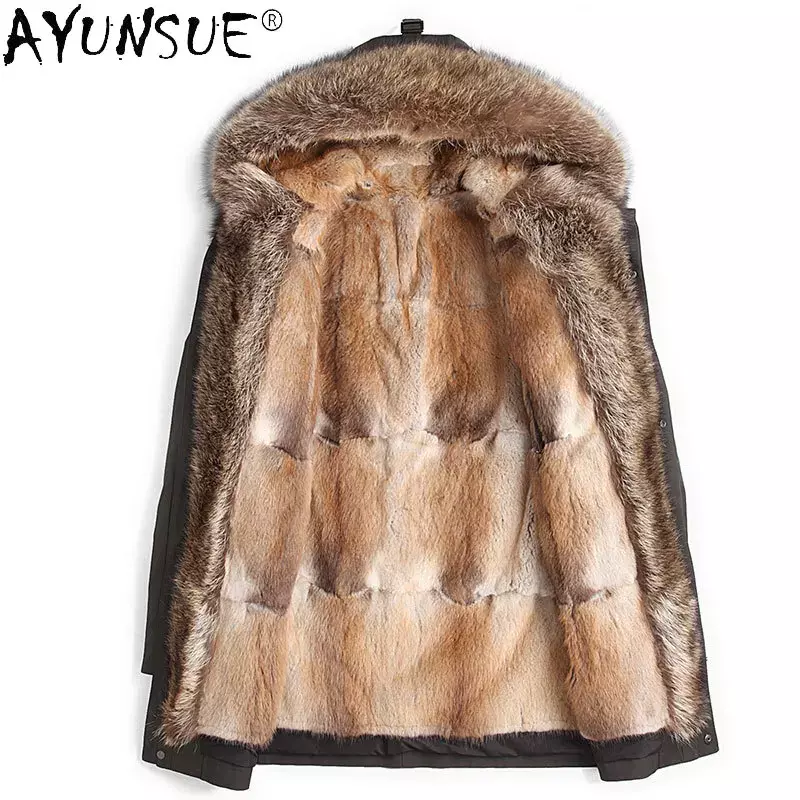 AYUNSUE – veste à capuche épaisse et chaude en vraie fourrure de raton laveur pour homme, Parka verte, doublure en fourrure de vison, 2021, Gm452