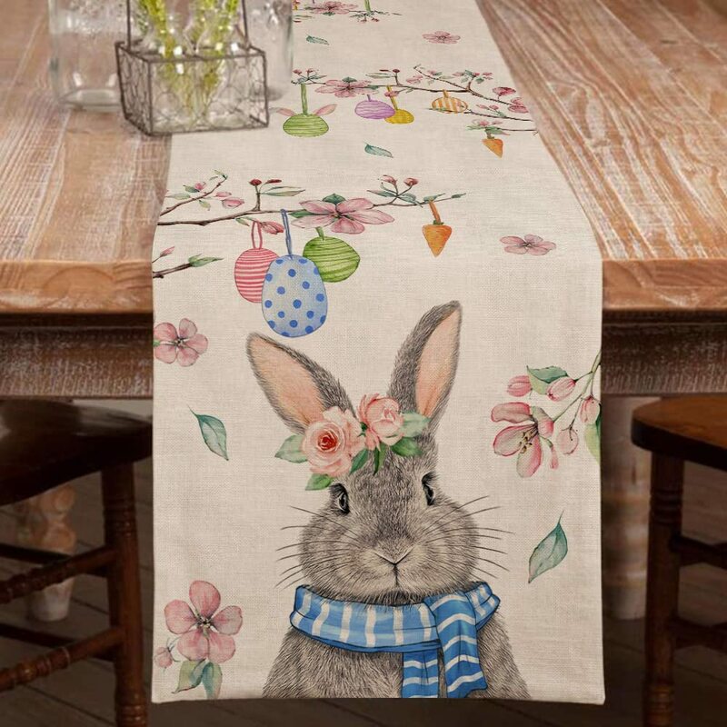 Happy Easter Egg Cute Bunny Table Runner Holiday Party Decoration Summer Gathering Dining   for Wedding Decorations