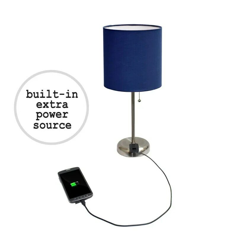 Limelights Stick Lamp with Charging Outlet and Fabric Shade, Navy