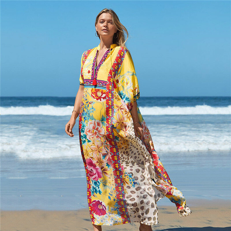 Gaun Pantai Leher V Motif Bohemia Kaftan Gaya Maroko Gaun Pantai Tunik Panjang Pakaian Pantai Wanita Jubah Penutup Bikini De Plage