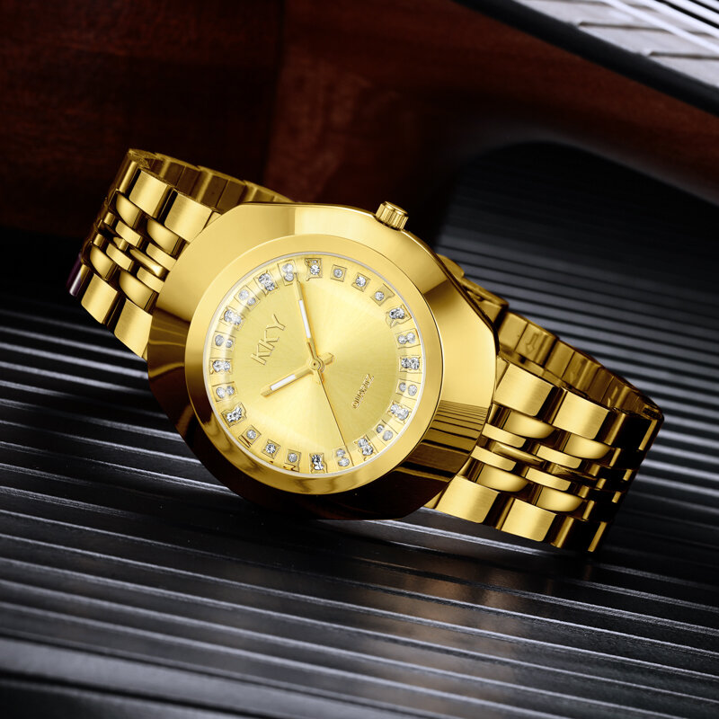 KKY2024 jam tangan kuarsa pria dan wanita, arloji emas semua baja tahan karat modis dan indah
