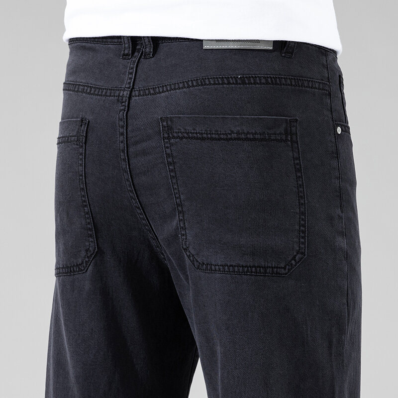 Celana Jeans pria lurus hitam klasik, pakaian Denim sutra es longgar elastis nyaman lembut tipis musim panas