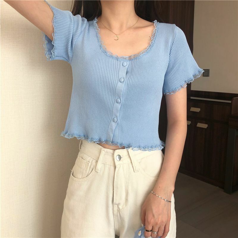 Short Sleeve Solid Women's T Shirt Top Girl Clothes Chic Fashion Lace Y2k Single Breasted Female Crop Harajuku Streetwear Tees