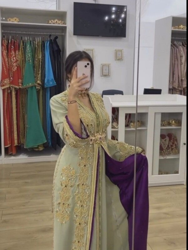 Gaun malam applique bermanik Kaftan Maroko gaun pengantin A-line pesta 2024 gaun panjang lantai Muslim jubah De marifee