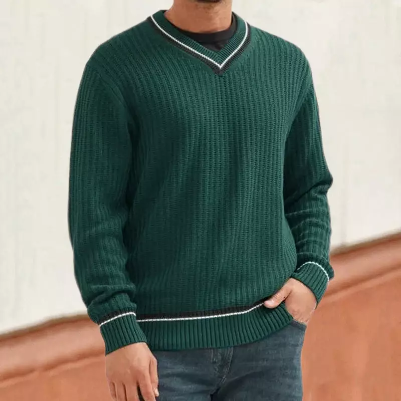 Suéter de manga comprida com gola V masculino, jacquard listrado, jumper de malha, tops casuais, patchwork, streetwear, inverno, moda