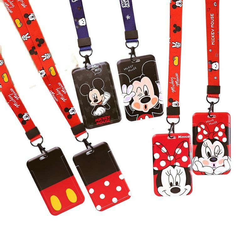 Disney-portatarjetas de identificación de Mickey para niñas, funda de tarjeta de puerta, cuerda colgante, soporte para insignia, correa para el cuello, tarjeta de visita, regalo pequeño