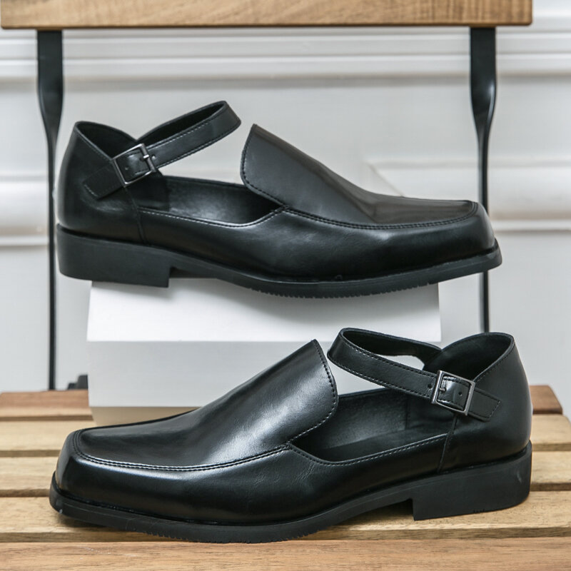 FUQIAO nowy czarny biznes letnie buty męskie klamra ze skóry Pu pasek z okrągłym noskiem sandały sukienka buty dla mężczyzn w rozmiarze 38-46
