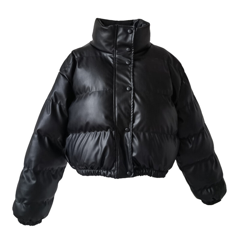 여성용 따뜻한 두꺼운 PU 가죽 코트, 짧은 파카, 블랙 코튼 패딩, 레이디 다운 재킷, 우아한 지퍼 의류, 2024 패션, 겨울