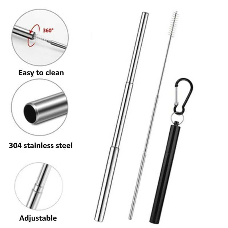 Reusable Stainless Steel Telescopic Straw Travel Portable Drinking Straw with Cleaning Brush & Case Collapsible Metal Straw Set