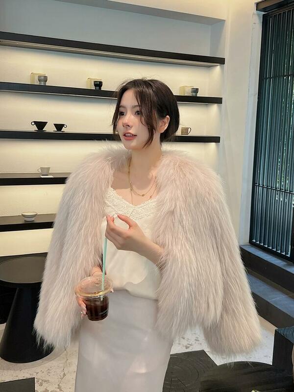 Fashion Sweet Cute Solid Color Long Sleeve Real Fur Women's Coat 2023 Autumn and Winter Fur Stitching Slimming Short Overcoat