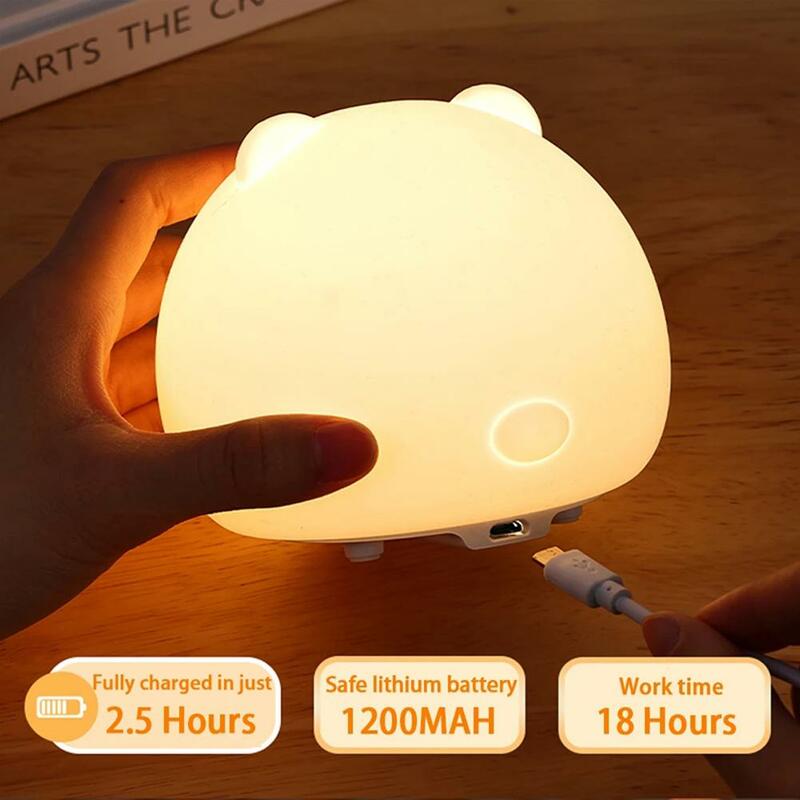 YOUZI Cute Bear Night Light Soft Silicone Sleeping Lamp Usb Rechargeable Tap Touch Colorful Lamps For Kids Bedroom