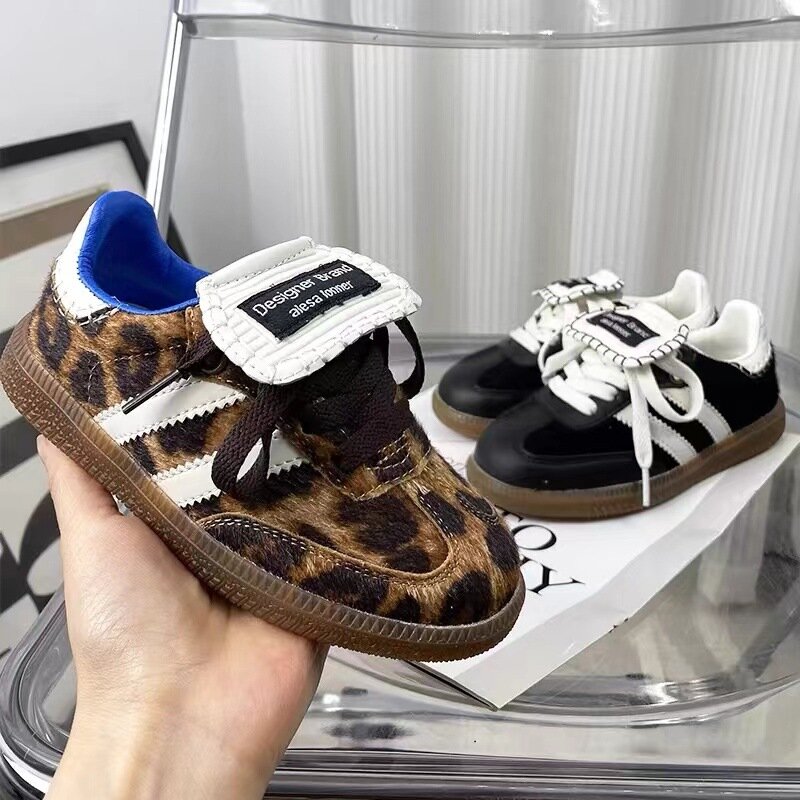 Children Boys Girls Leopard Horse Hair German Trainer Genuine Leather Sneakers Toddler Kid Light Breathable Sports Running Shoes