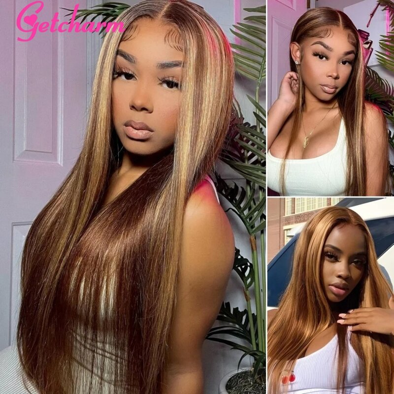 34Inch Highlight Ombre Straight Lace Front Wig Human Hair Pre Plucked 13x4 13x6 4/27 Honey Blonde Lace Frontal Wigs For Women