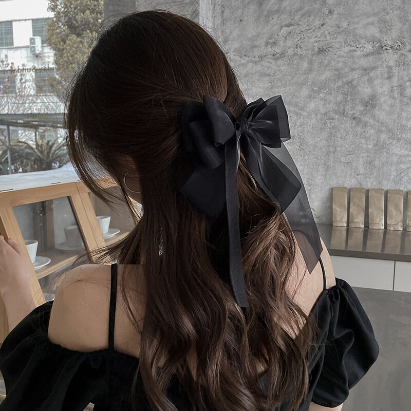 Lystrfac 2022 New Black White Yarn Bow Hair Clip for Women Girls Spring Clip Back Head Hairpin Fashion Hair Accessories
