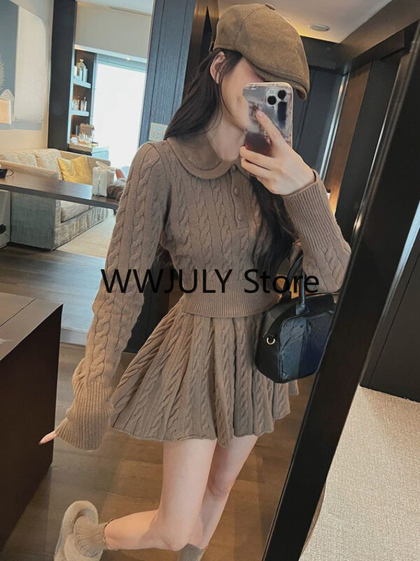 2023 Autumn Preppy Style Knitted Clothing Suit Woman Slim Kawaii Swearter Tops Casual Y2k Mini Skirt Woman Fashion 2 Piece Set