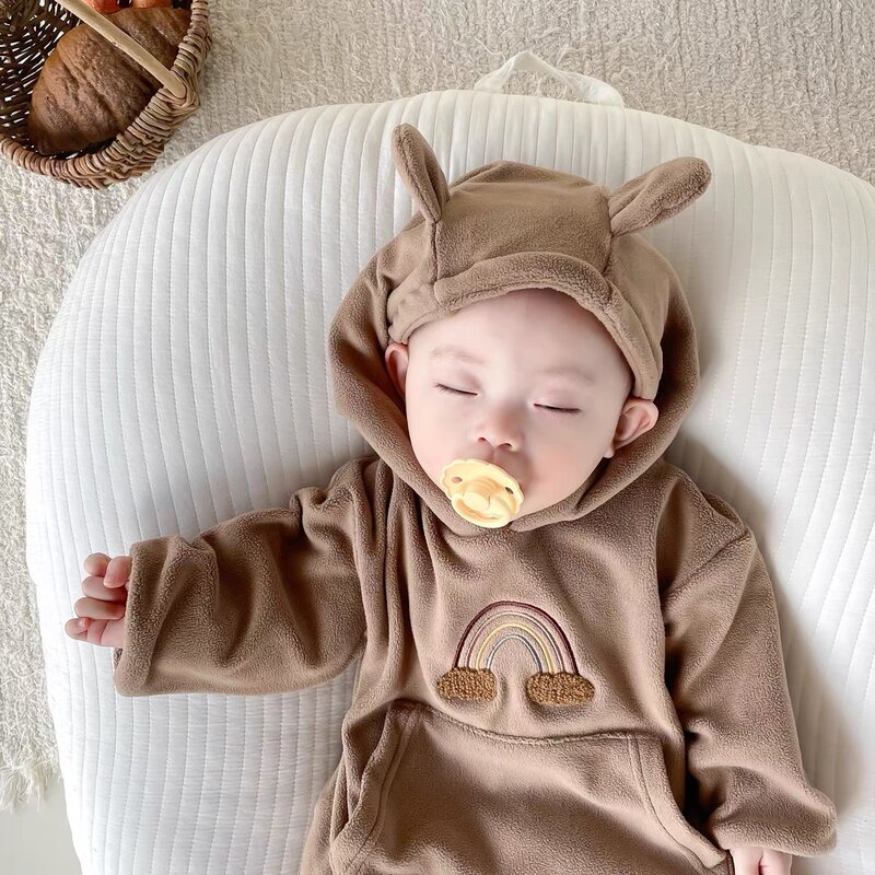 2022 Autumn Winter New Baby Clothing Bear Ear Baby Boys Rompers Fur Lining Infant Girls Outfit Newborn Girl Outfit Rompers