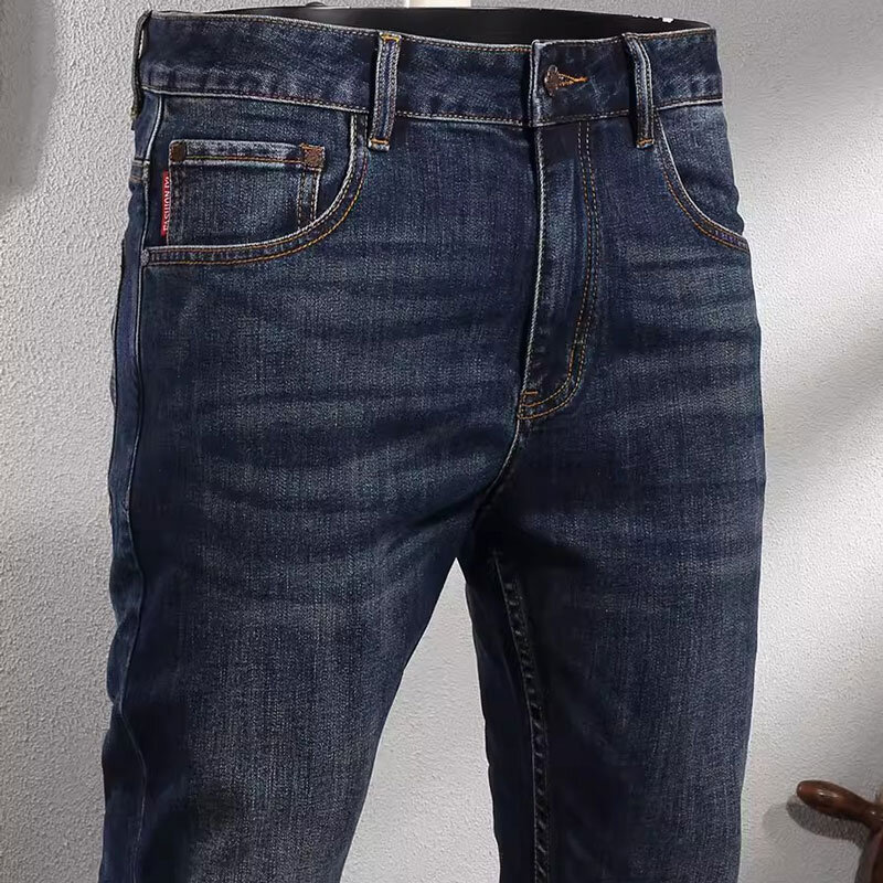 Celana Jeans pria mode Vintage Eropa Retro dicuci biru elastis Slim Fit desainer celana panjang pria celana Denim kasual Hombre