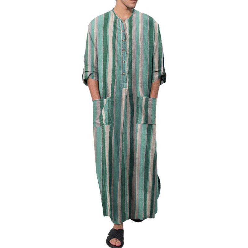 Мужской этнический халат, винтажный в полоску, с длинным рукавом, мусульманский кафтан, с круглым вырезом, на пуговицах, с карманами, мусульманская Арабская мусульманская одежда Дубая