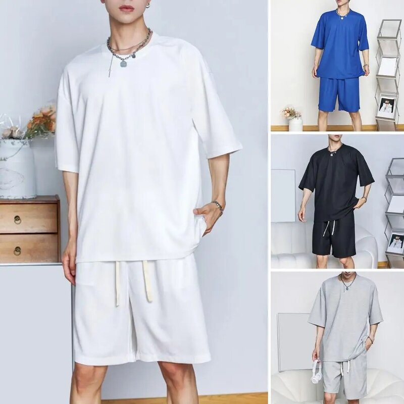 Casual Two-piece Suit Men's Summer Outfit Set O-neck Short Sleeve T-shirt with Elastic Waist Drawstring Shorts Solid for Men