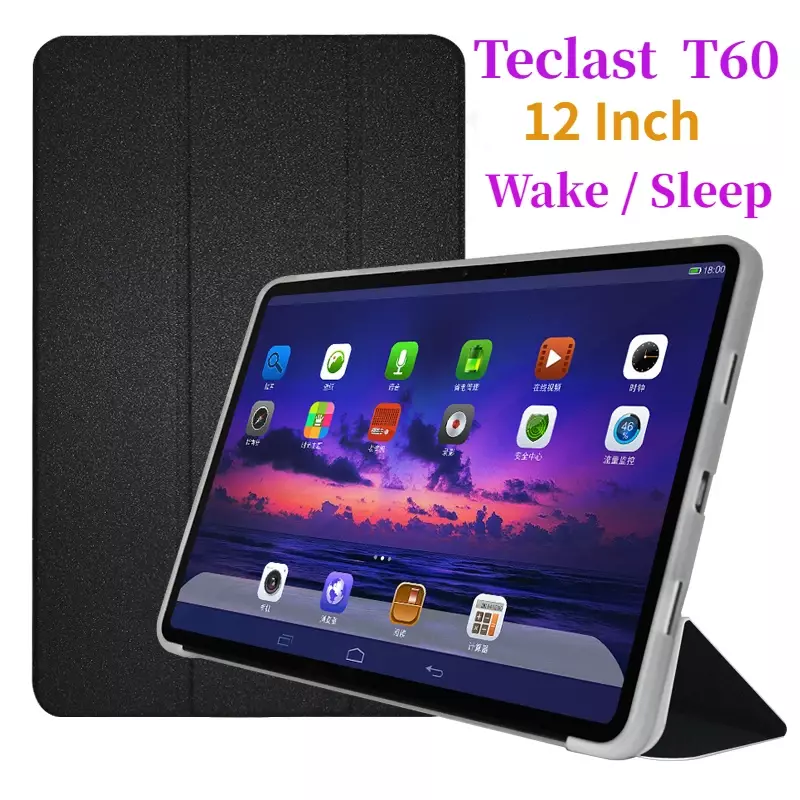 Capa de suporte tri-dobrável para Teclast T60, tablet de 12 ", PC, couro fólio PU, Funda com casca traseira TPU, sono automático inteligente, despertar