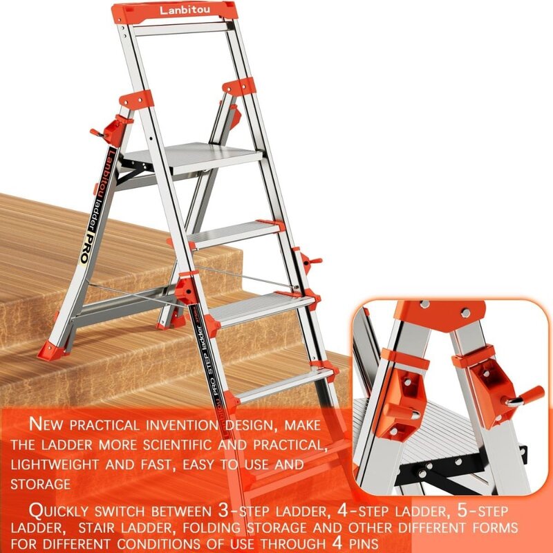 Ladder, Aluminum 5 Step Ladder with Handrails,Anti-Slip Wide Pedal,Tool Platform, Folding Step Stool Step Ladder for Stairs Home