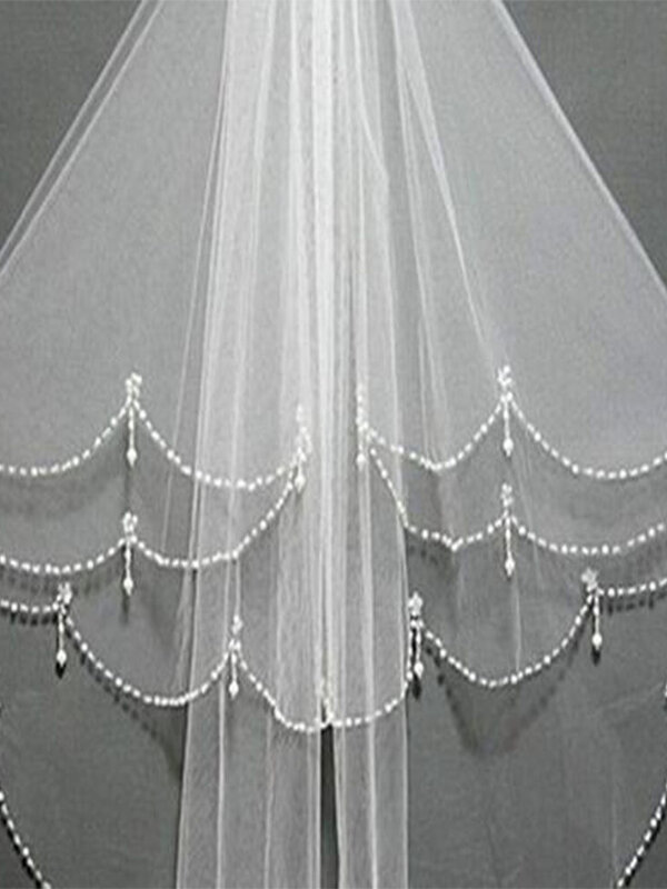 Velo de novia de boda con borde de cuentas y peine, longitud de codo Blanco/Marfil, 2 capas, nuevo