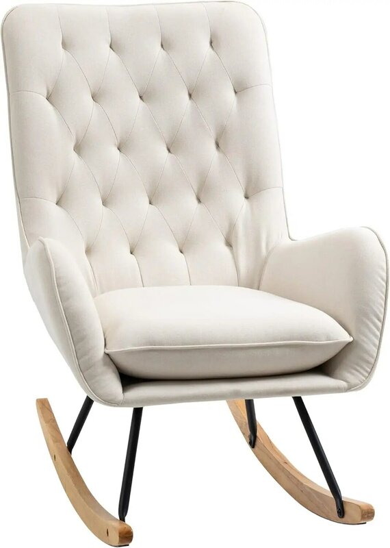 Mid-Century Fabric Rocking Sofa Poltrona, Rocker adornado, Wingback Accent Chair com assento acolchoado, Base de madeira de borracha para casa