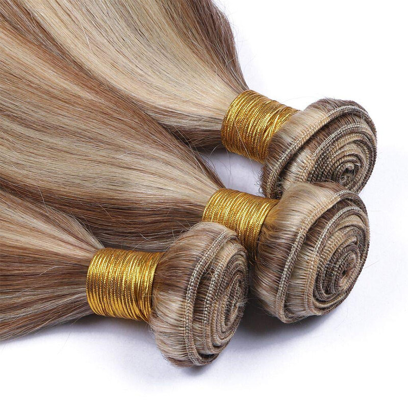 Bundles de tissage de cheveux en surbrillance pour femmes, extensions de cheveux brésiliens Remy, trame droite, blond miel, sans fermeture, 3 pièces par lot