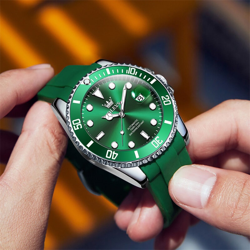 OLEVS นาฬิกากลไกอัตโนมัติสไตล์คลาสสิกสีเขียวแบรนด์หรูสำหรับผู้ชายนาฬิกาผู้ชายกันน้ำมีวันที่