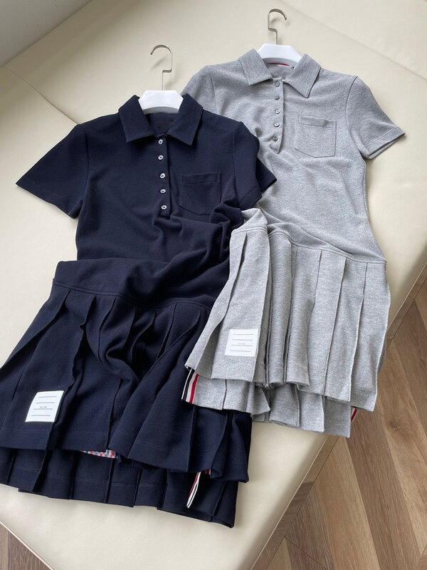 High quality TB Summer New Trendy Brand Drape Cotton Piqué Breathable Dry and Washable Polo Pleated Dress