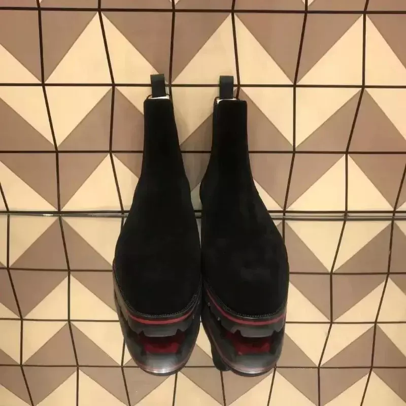 Sepatu bot bawah merah mewah baru 2023 sepatu bot pergelangan kaki persegi jari bulat seksi pita elastis hitam sepatu sol merah hak tinggi