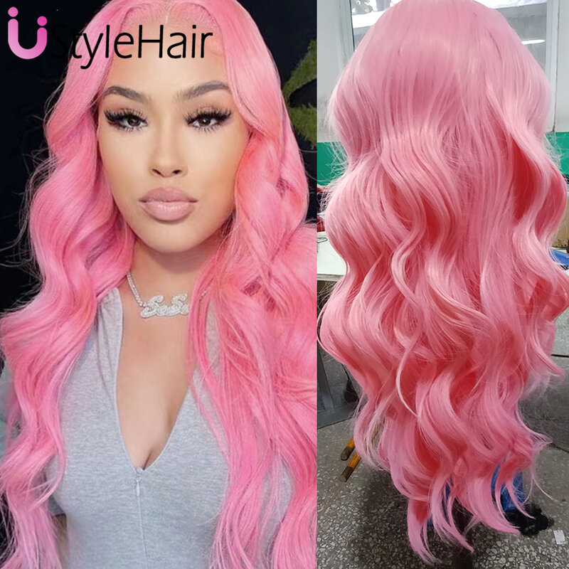 UStyleHair-Peluca de cabello sintético para mujer, postizo largo con encaje frontal, color rosa, línea de pelo Natural, uso diario, Cosplay