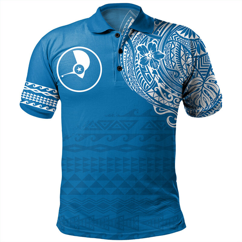 เสื้อโปโลลาย polynesian Yap สำหรับผู้ชาย, เสื้อโปโลกระดุมฮาวายพิมพ์ลาย3D เสื้อยืดแขนสั้นทรงหลวมแนวสตรีทลำลอง