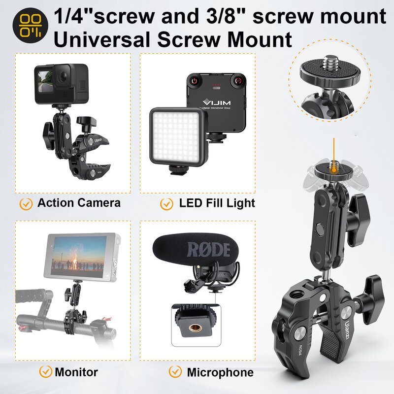 Ulanzi-R094 SLR Camera Magic Braçadeira Braço, Ajustável, Parafuso Hole Mount, Super Holder, Suporte para Monitor LCD, Luz LED, 1/4 ", 3/8"