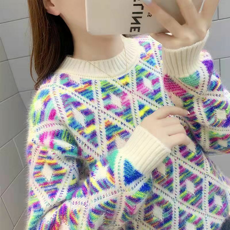 Цветной пуловер в западном стиле, свитер, Женская свободная и теплая Модная ретро трикотажная нижняя рубашка