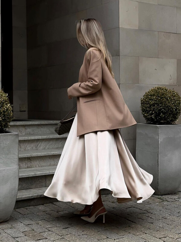 2023 jesienna długie spódnice z wysokim stanem w stylu Streetwear klasyczna długa spódnica elegancka satynowa luźna damska spódnica moda damska czarna spódnica