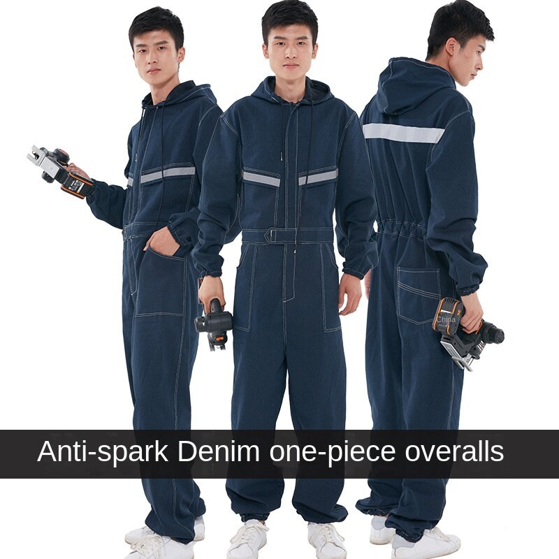 New One-Piece Work Clothes Welder Spray-Painted Denim Work Clothes Reflective Strip Long-Sleeved Labor Protective Clothing