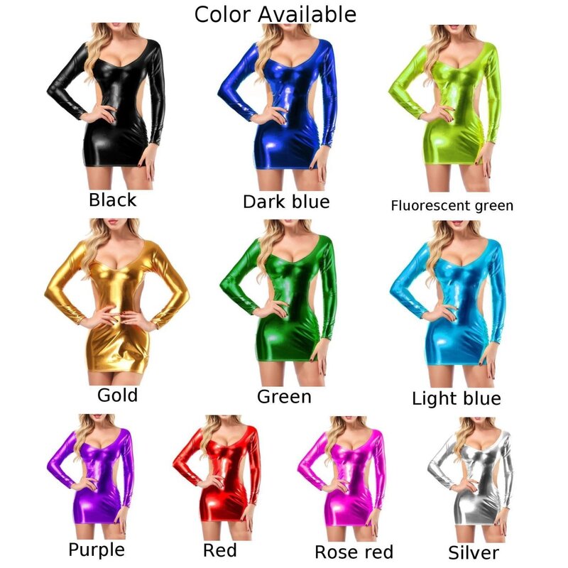 Vestido feminino brilhante Wetlook Bodycon, elegante dance clubwear, vestido elegante sem encosto, couro sintético, tamanho livre, várias cores
