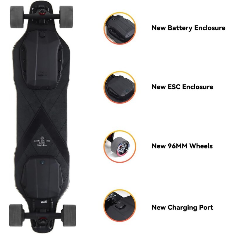 Longboard électrique noir avec équipement de protection, planche à roulettes, batterie 5,2 Ah, 187Wh, portée de 11 à 2024 Beauté, nouveau, 12.5