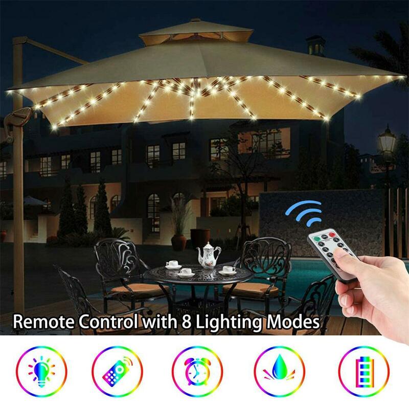 Outdoor impermeável LED Light String com controle remoto, guarda-chuva, lâmpadas, sombra, praia, jardim, decoração, 104 cores