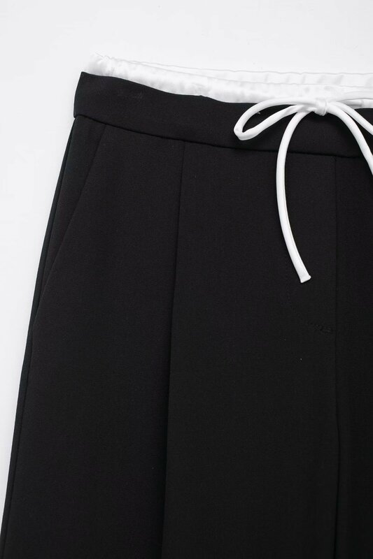 Celana wanita musim semi 2024 baru fashion chic pinggang ganda saku samping longgar celana kaki lebar retro pinggang elastis tinggi tali serut wanita t