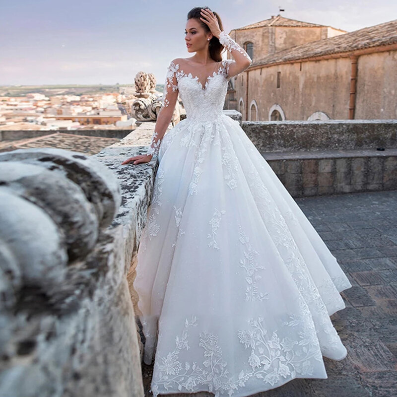 Женское свадебное платье с длинным рукавом, белое/слоновое кружевное платье с аппликацией и V-образным вырезом, сексуальное платье принцессы с открытой спиной, 2023