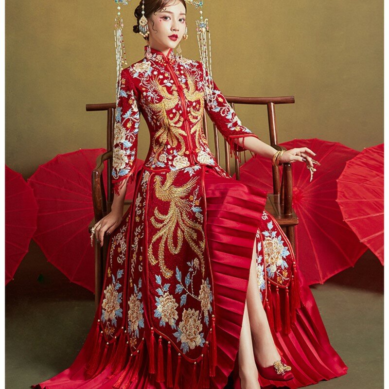 Dragão e Phoenix vestido estilo chinês, saia plissada, terno plus size, novo