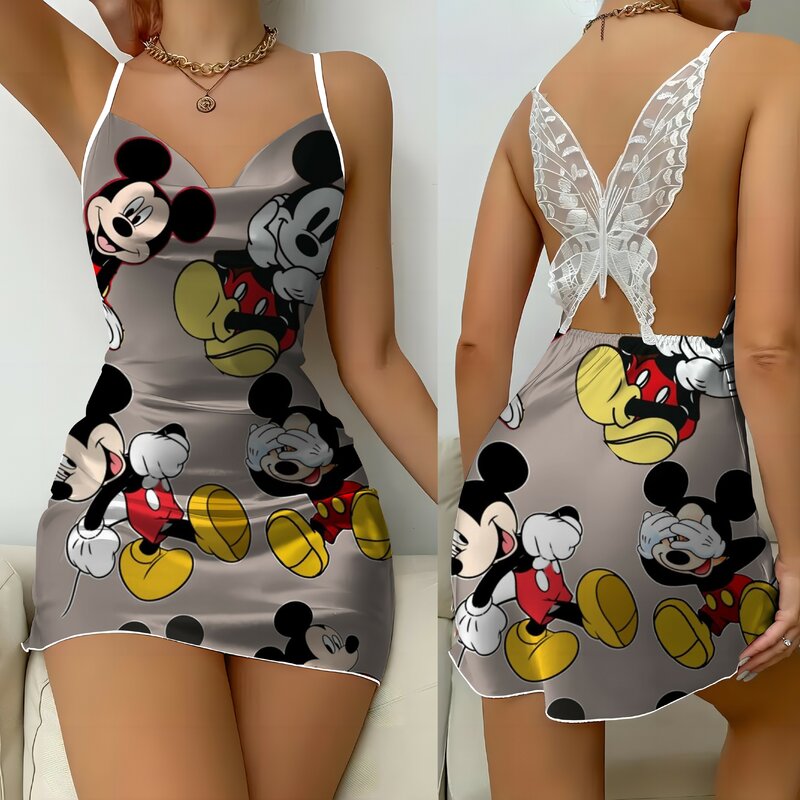 Gaun musim panas mode rok piyama 2024 gaun Backless Disney Minnie Mouse simpul busur permukaan Satin Mickey wanita pesta Mini seksi