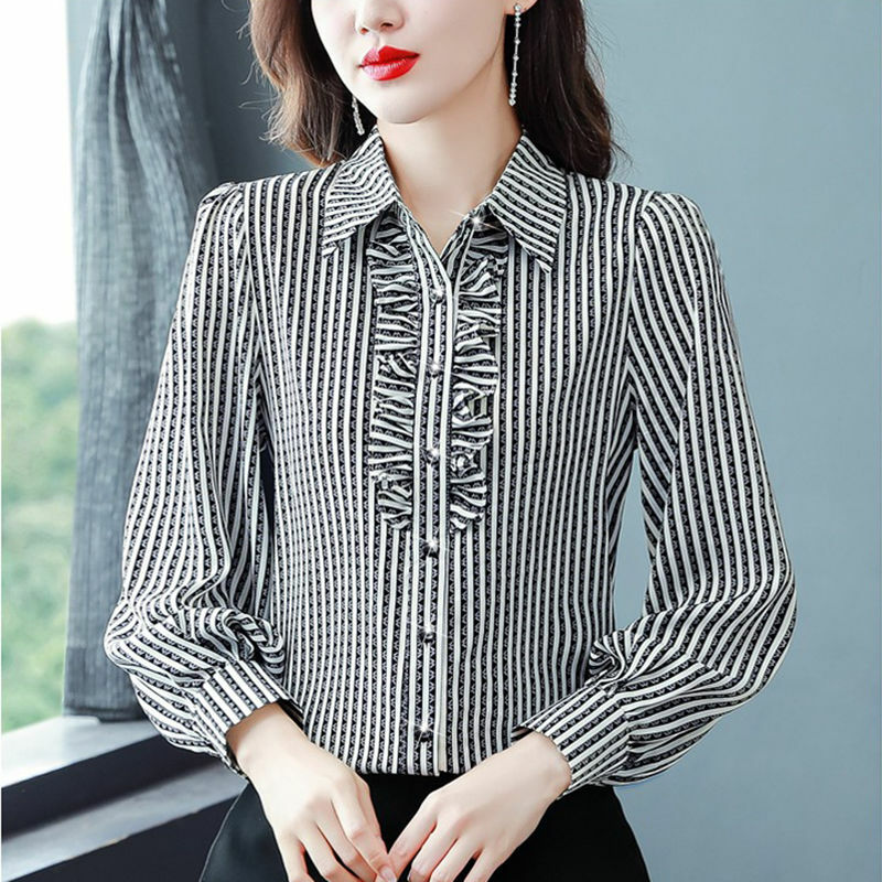 2024 Women's Spring and Autumn Combination Turndown Collar Temperament Stripes Versatile Button Lace Casual Long Sleeved Shirt