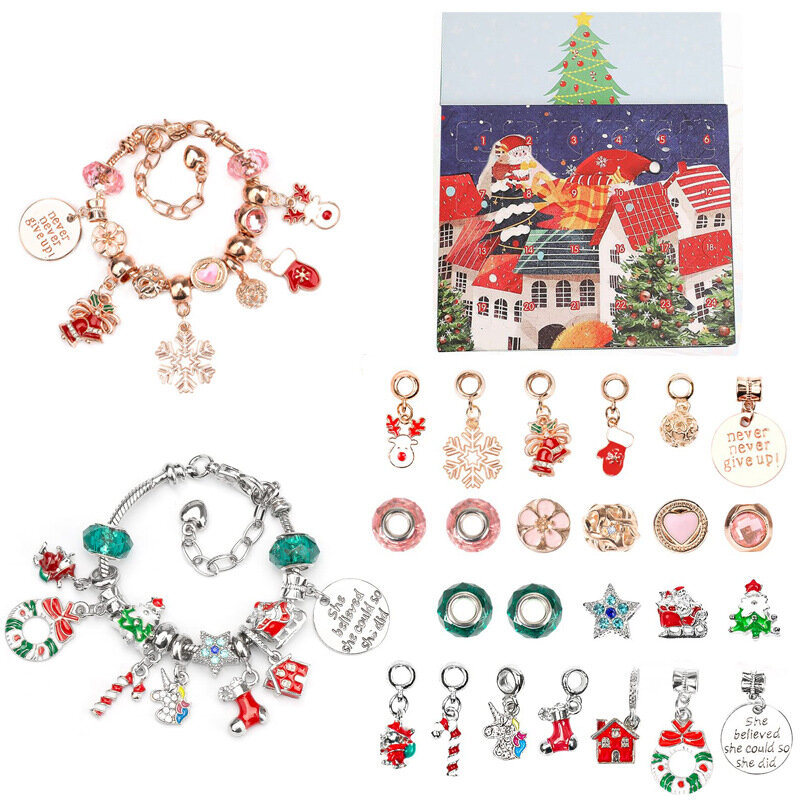 Weihnachten Blind Box DIY Weihnachten Kinder Armband Halskette 24 Gitter Kalender Countdown Glocke geben für Mädchen Überraschung Set Geschenk
